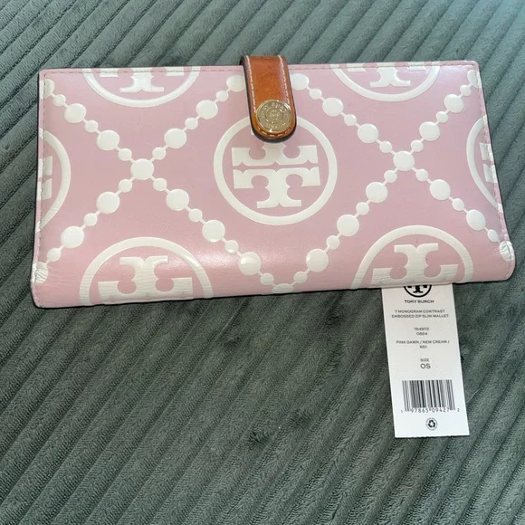 Tory Burch Embossed Contrast Signature Logo Pink and Cream Wallet - Picture 1 of 7
